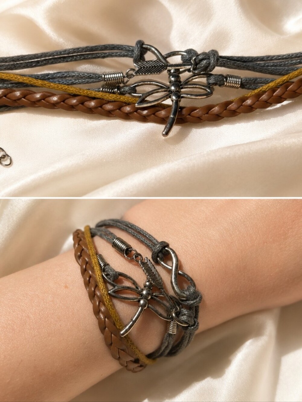 Multi-Strand Dragonfly & Infinity Bracelet - Gray, Brown, Mustard